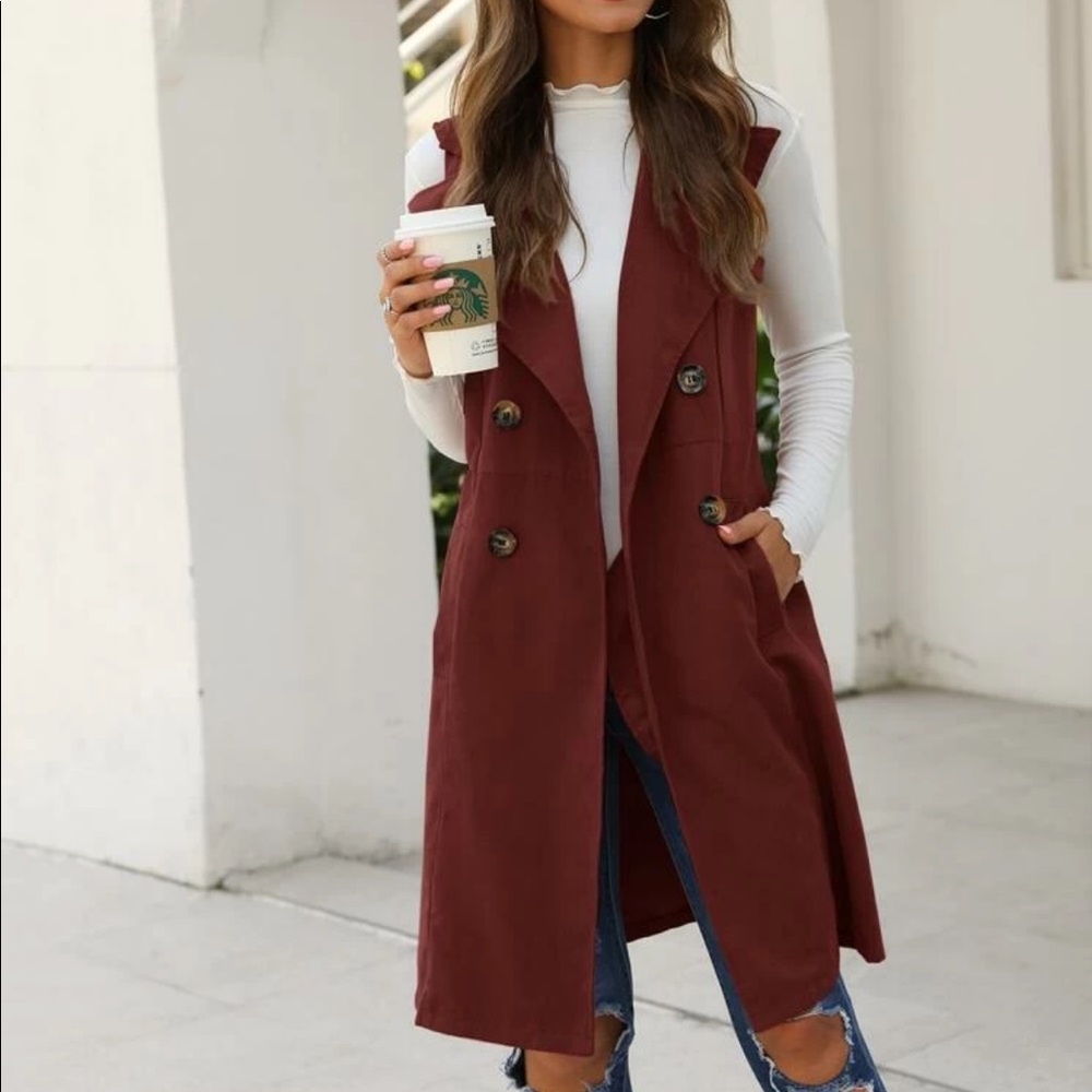 Vest Double Breasted Trench Coat Jacket black - Picture 3 of 8